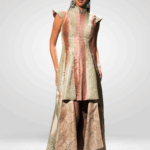 Full-body product image of Luxury Mint & Peach Brocade High-Low Indo-Western Gown