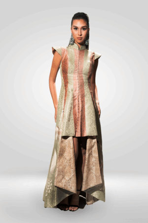 Full-body product image of Luxury Mint & Peach Brocade High-Low Indo-Western Gown
