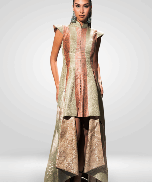 Full-body product image of Luxury Mint & Peach Brocade High-Low Indo-Western Gown